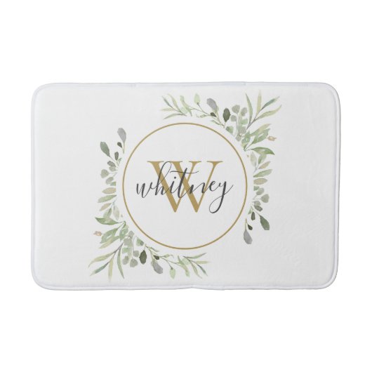 Elegantes Skript Chic Gold Monogram Grüne Pflanzen Badematte (Vorderseite)