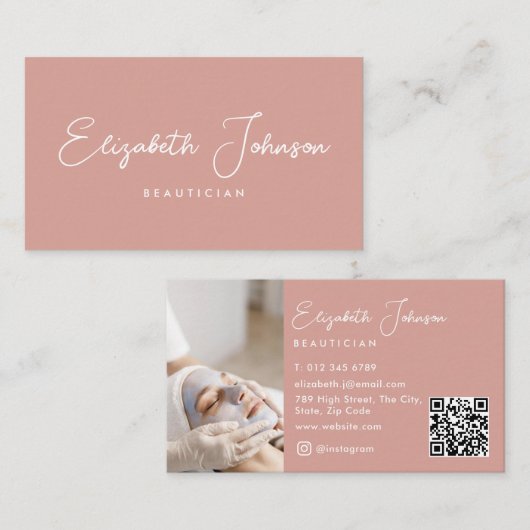 Elegantes Skript Chic Pink Foto-QR-Code Visitenkarte (Vorne/Hinten)