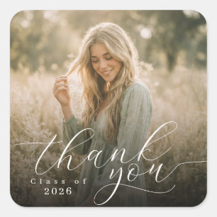 Elegantes Skript Danke für das Abschlussfoto Quadratischer Aufkleber