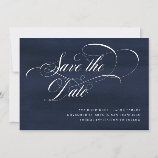 Elegantes Skript | Dunkelblau Save The Date (Vorderseite)