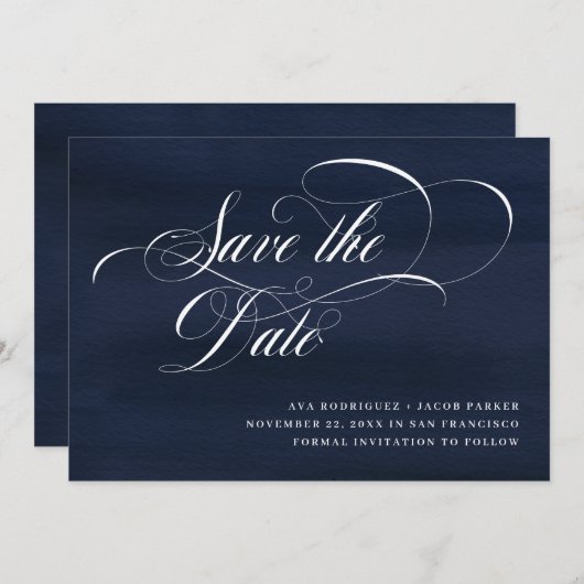 Elegantes Skript | Dunkelblau Save The Date (Vorne/Hinten)