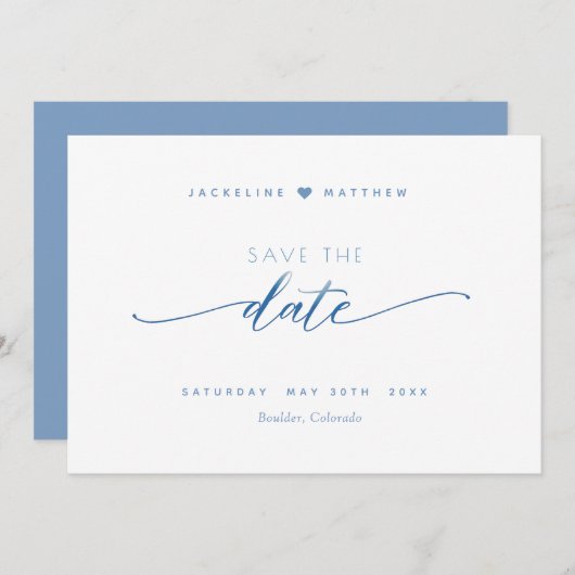 Elegantes Skript, Dusty Blue, einfache Hochzeit Save The Date (Vorne/Hinten)