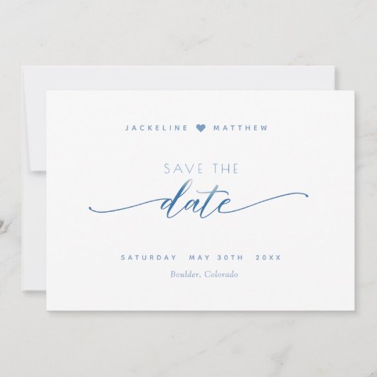 Elegantes Skript, Dusty Blue, White Simple Wedding Save The Date (Vorderseite)