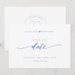 Elegantes Skript, Dusty Blue, White Simple Wedding Save The Date