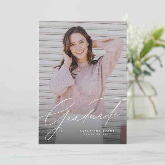 Elegantes Skript, einfach ein Foto Abschluss Einladung (Stehend Vorderseite)