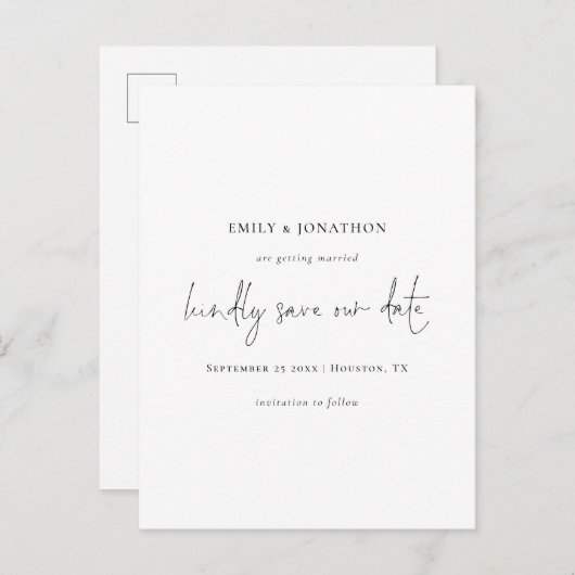 Elegantes Skript Einfach Save the Date Schwarz-wei Einladungspostkarte (Vorne/Hinten)