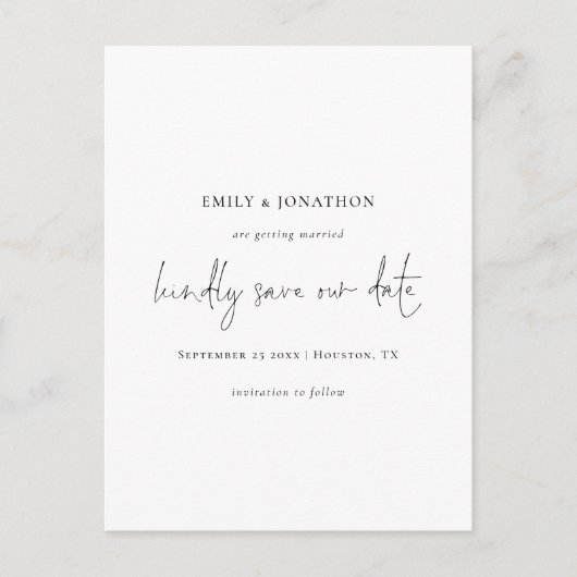 Elegantes Skript Einfach Save the Date Schwarz-wei Einladungspostkarte (Vorderseite)