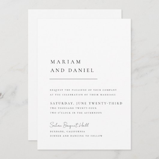 Elegantes Skript Einfache Schwarz-Weiß-Hochzeit Einladung (Vorne/Hinten)