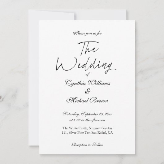 Elegantes Skript Einfache Schwarz-Weiß-Hochzeit Einladung (Vorderseite)