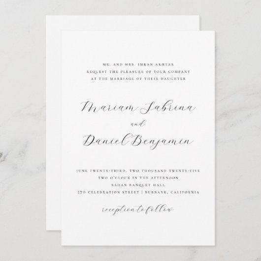 Elegantes Skript Einfache Schwarz-Weiß-Hochzeit Einladung (Vorne/Hinten)