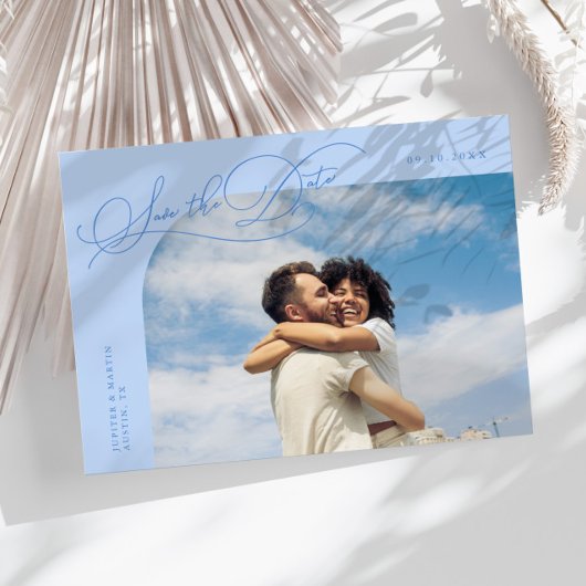 Elegantes Skript Eisblauer Gebogener Rahmen Foto Save The Date