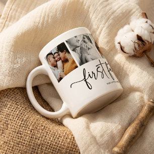 Elegantes Skript Erstes Vatertags-5-Foto-Collage Kaffeetasse