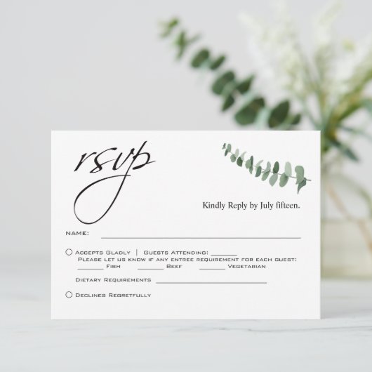 Elegantes Skript Eucalyptus QR Code Wedding rsvp Mitteilungskarte (Stehend Vorderseite)
