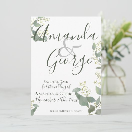 Elegantes Skript | Eukalyptus - Blätter | Hochzeit Save The Date (Stehend Vorderseite)