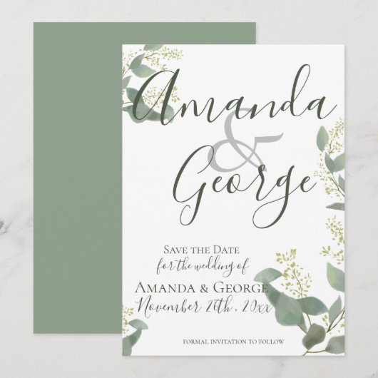 Elegantes Skript | Eukalyptus - Blätter | Hochzeit Save The Date (Vorne/Hinten)