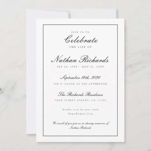 Elegantes Skript-Feier-des-Lebens-Programm Karte (Vorderseite)