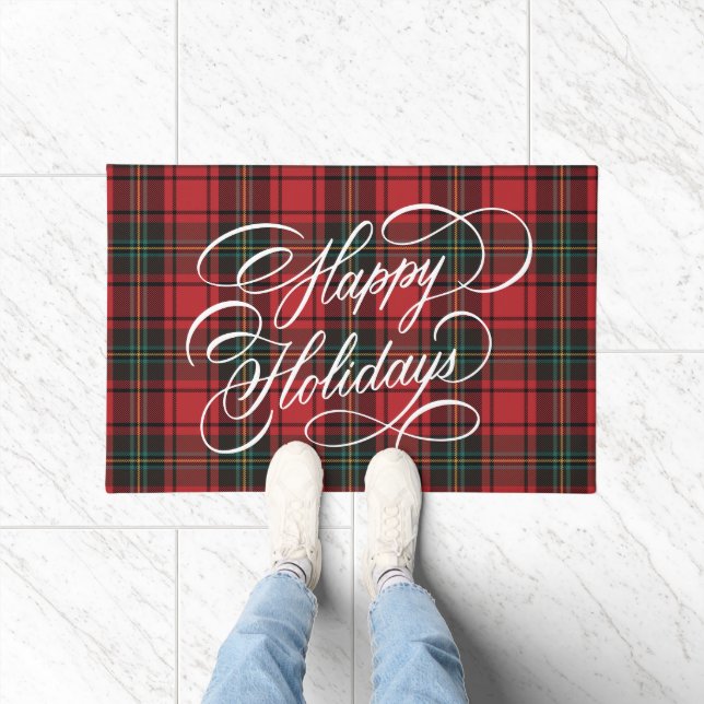 Elegantes Skript Festive Red Tartan Happy Holidays Fußmatte (Indoor)