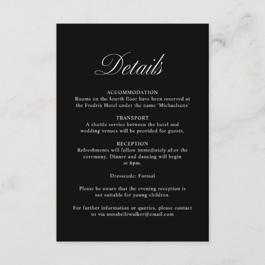 Elegantes Skript Formal Black Wedding Details Begleitkarte (Vorderseite)