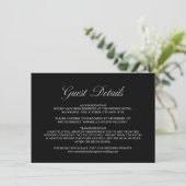 Elegantes Skript Formal Black Wedding Guest Detail Begleitkarte (Stehend Vorderseite)