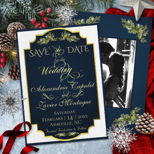 Elegantes Skript & Foto - Blau/Gold Save The Date