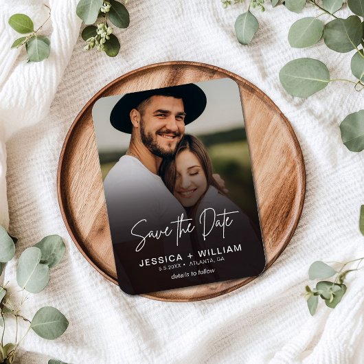 Elegantes Skript-Foto-Gradient Save the Date Magnet