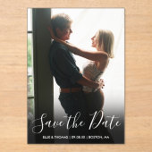 Elegantes Skript-Foto Hochzeit speichern Acryleinladungen (Vorderseite)