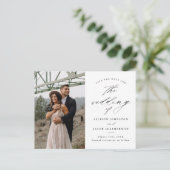 Elegantes Skript-Foto Hochzeit speichern Ankündigungspostkarte (Stehend Vorderseite)