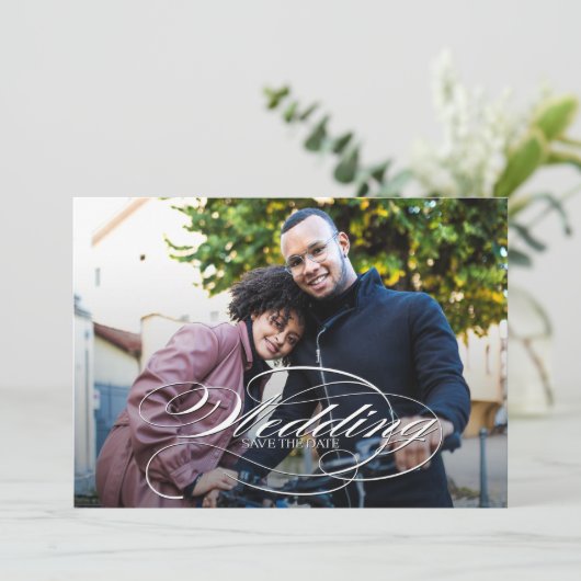 Elegantes Skript-Foto Hochzeit speichern Save The Date (Stehend Vorderseite)