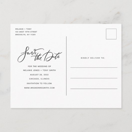 Elegantes Skript-Foto Hochzeit Speichern Sie das D Ankündigungspostkarte (Rückseite)