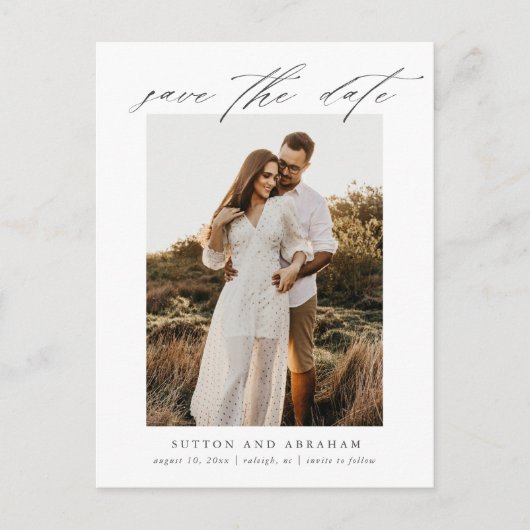 Elegantes Skript-Foto Hochzeit Speichern Sie das D Ankündigungspostkarte (Vorderseite)