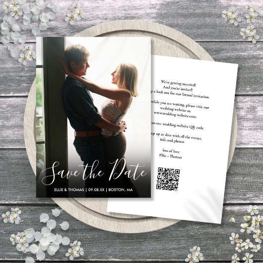 Elegantes Skript-Foto-QR-Code-Hochzeit Save The Date