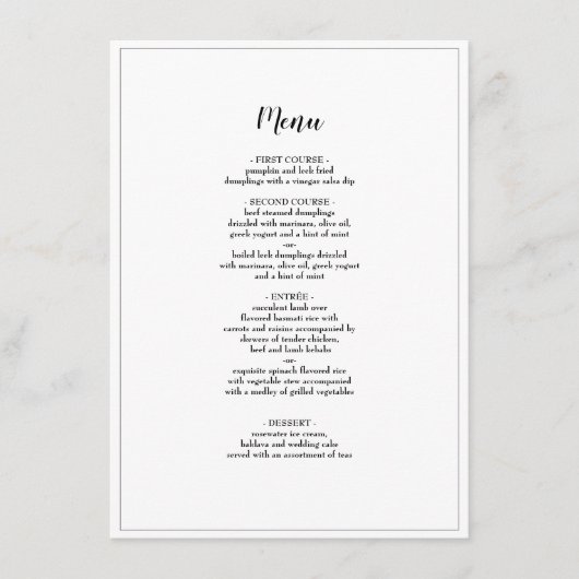 Elegantes Skript für das Abendessen bei Hochzeiten Menükarte (Vorderseite)