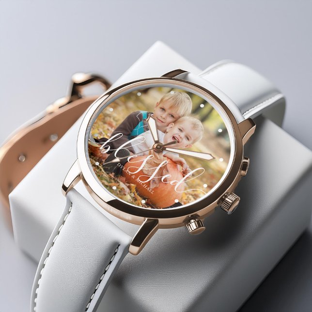 Elegantes Skript "Gesegnet" Custom Foto Watch Armbanduhr (Inspiration mockup (not actual product))