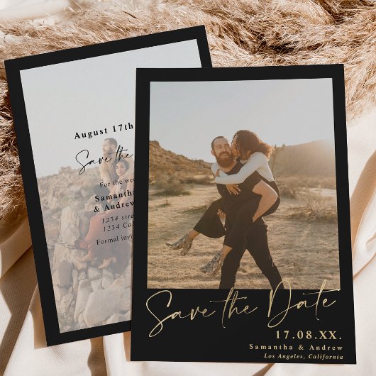 Elegantes Skript Gold einfache 2 Fotos Save the Da Date