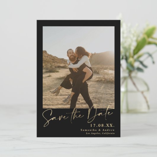Elegantes Skript Gold einfache 2 Fotos Save the Da Save The Date (Stehend Vorderseite)