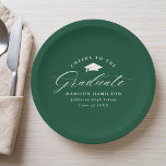 Elegantes Skript Green ruft den Graduaten an Pappteller<br><div class="desc">Elegante Abschluss-Papier-Teller mit einem Graduierungspapier mit dem Satz "Cheers to the Graduate" in einem weißen Kalligrafieschrift auf grünem Hintergrund. Personalisieren Sie die modernen Abschluss-Papier-Teller mit dem Namen des Absolventen,  Schulname und Abschluss Jahr. Die einfachen Abschluss-Teller sind ideal für Ihr High School- oder Uni-Abschluss-Party.</div>