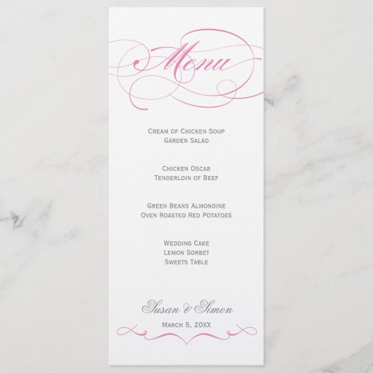 Elegantes Skript-Hochzeits-Menü - Rosa Menükarte (Vorderseite)