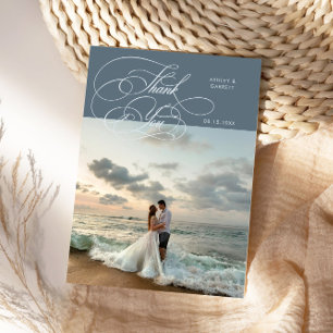 Elegantes Skript Hochzeitsfoto Schieferblau Dankeskarte