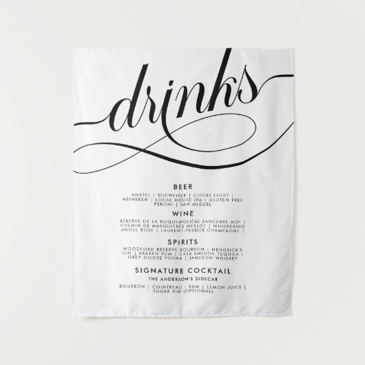 Elegantes Skript Hochzeitsgetränke Bar Menü Poster Wandteppich (Vorderseite)