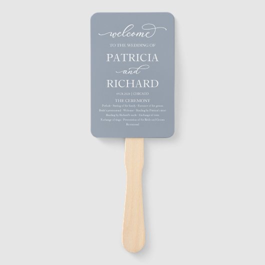 Elegantes Skript Hochzeitsprogramm Dusty Blue Fächer (Vorderseite)