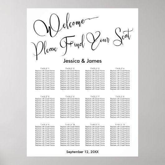 Elegantes Skript Hochzeitssitzdiagramm Poster (Vorne)