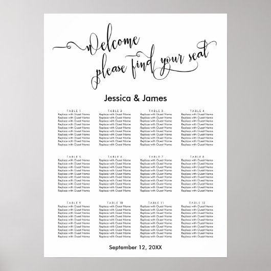 Elegantes Skript Hochzeitssitzdiagramm Poster (Vorne)
