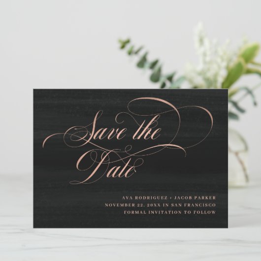 Elegantes Skript | Imitate Rose Gold und Schwarz Save The Date (Stehend Vorderseite)