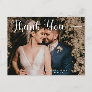 Elegantes Skript Klassisches Hochzeitsfoto Danke Postkarte