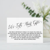 Elegantes Skript Lasst uns über Geschenke Hochzeit Begleitkarte (Stehend Vorderseite)