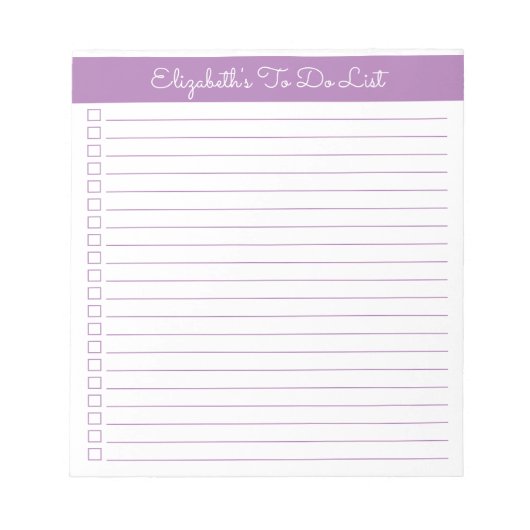 Elegantes Skript Lavendel Einspaltige Checkliste Notizblock (Vorderseite)