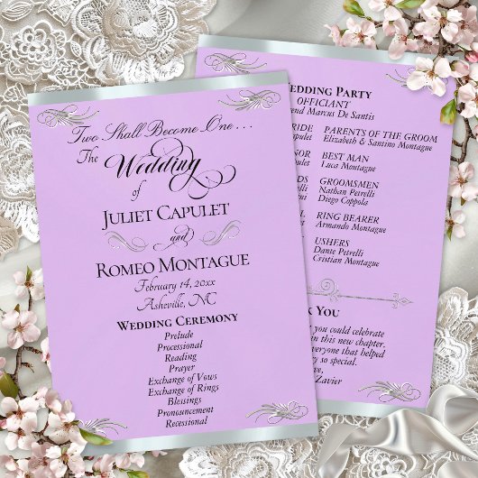 Elegantes Skript - Lavendel/Silber Hochzeit Programm