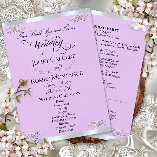 Elegantes Skript - Lavendel/Silber Hochzeit Programm