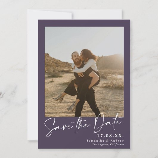 Elegantes Skript lila 2 Fotos Save the Date (Vorderseite)