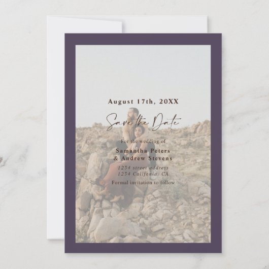 Elegantes Skript lila 2 Fotos Save the Date (Rückseite)